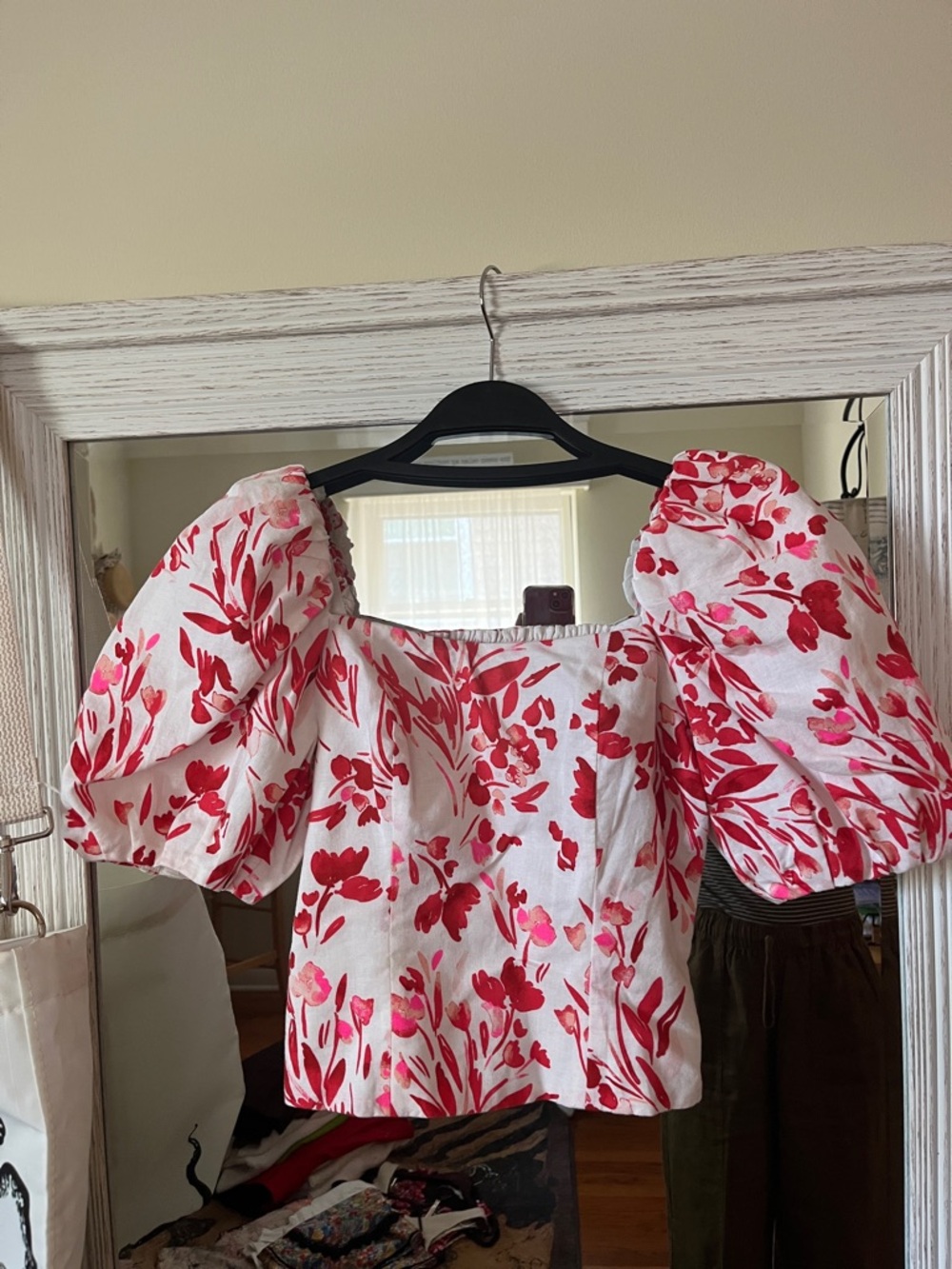 Banana Republic White Puff-Sleeve Top with Red Floral Print